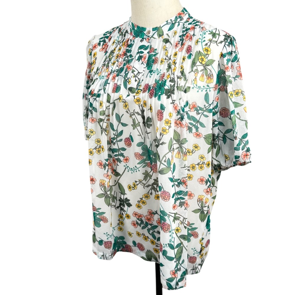 Nautica Jeans Floral Pleated Blouse White Botanical Short Puff Sleeve